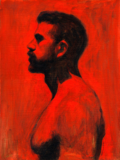 Artistic depiction of a man's profile in black on a red textured background